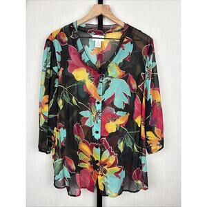 Soft Surroundings Silk Blouse Womens 1X Floral Colorful Ruffle Neck Sheer Button
